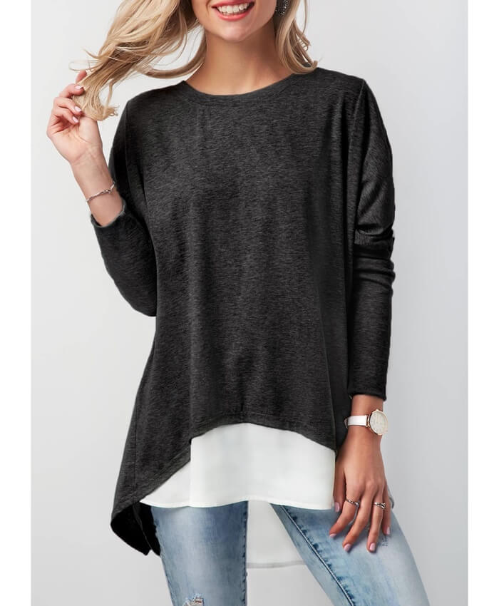 Patchwork Long Sleeve Button Back T Shirt